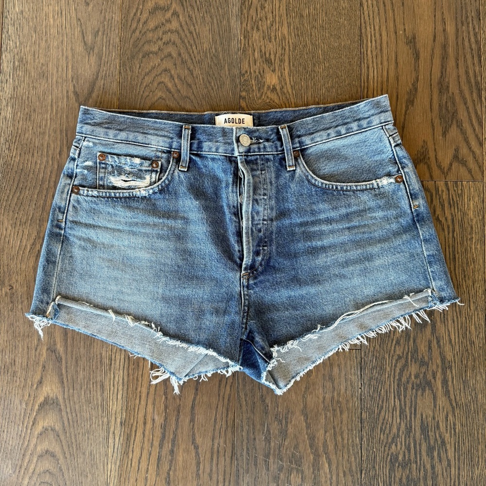 Agolde Parker Medium Blue Denim Cut Off Shorts, Size 28, Excellent Condition
